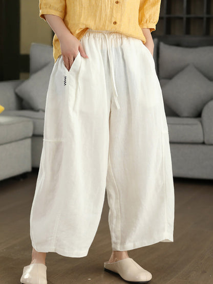 Women Summer Retro Pure Color 100%Linen Wide-leg Pants