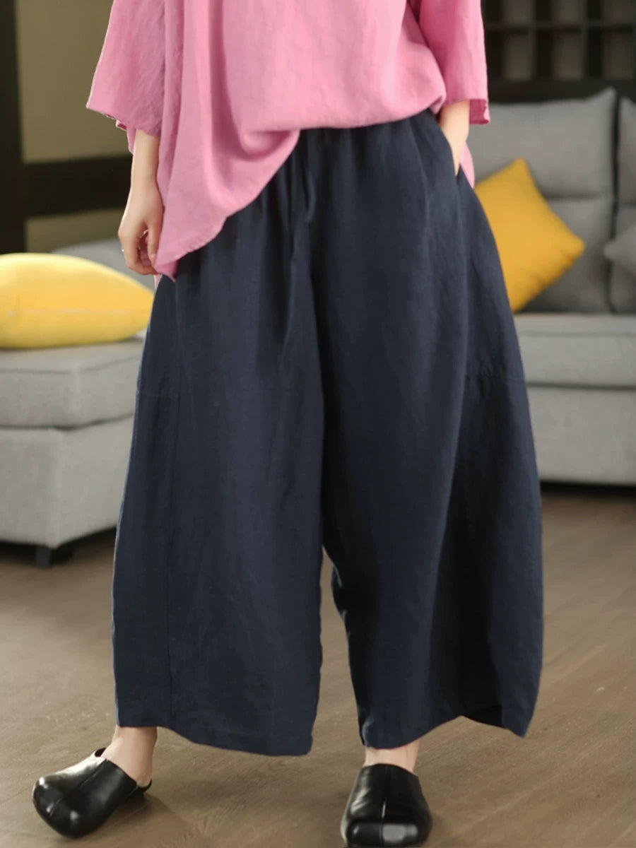 Women Summer Retro Pure Color 100%Linen Wide-leg Pants