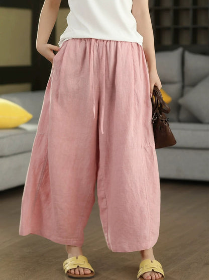 Women Summer Retro Pure Color 100%Linen Wide-leg Pants
