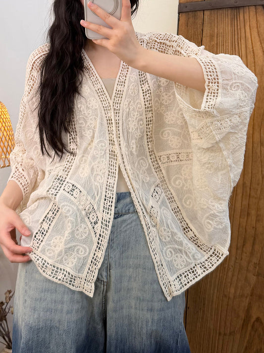 Women Summer Embroidery V-Neck Cotton Cadigan