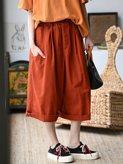 Plus Size Women Summer Pure Color Wide-leg 100%Cotton Capri Pants