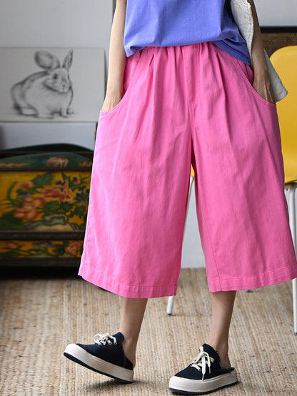 Plus Size Women Summer Pure Color Wide-leg 100%Cotton Capri Pants