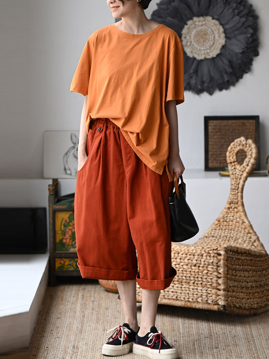 Plus Size Women Summer Pure Color Wide-leg 100%Cotton Capri Pants