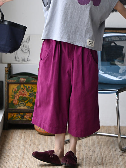 Plus Size Women Summer Pure Color Wide-leg 100%Cotton Capri Pants