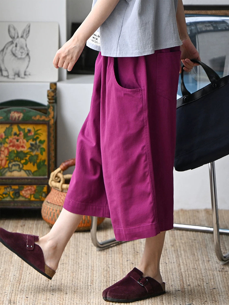 Plus Size Women Summer Pure Color Wide-leg 100%Cotton Capri Pants