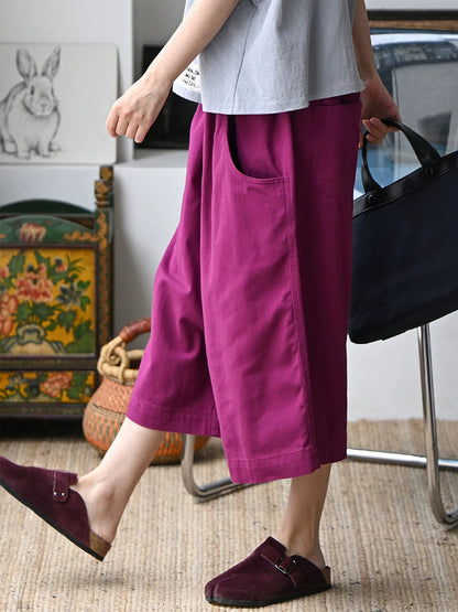 Plus Size Women Summer Pure Color Wide-leg 100%Cotton Capri Pants