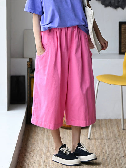 Plus Size Women Summer Pure Color Wide-leg 100%Cotton Capri Pants