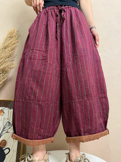 Plus Size Women Summer Casual Stripe 100%Cotton Wide-leg Pants