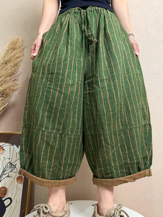 Plus Size Women Summer Casual Stripe 100%Cotton Wide-leg Pants