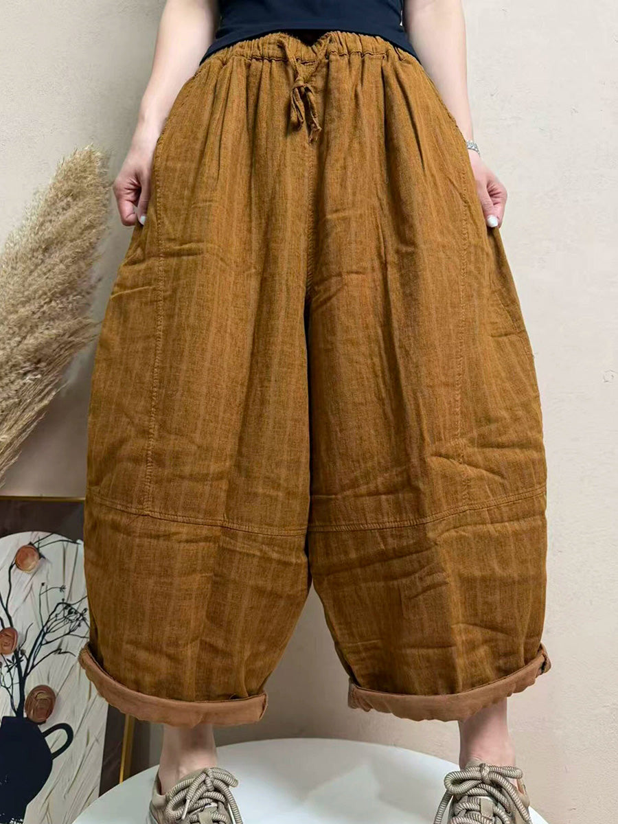 Plus Size Women Summer Casual Stripe 100%Cotton Wide-leg Pants