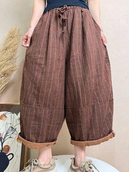 Plus Size Women Summer Casual Stripe 100%Cotton Wide-leg Pants