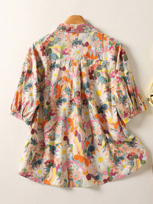 Plus Size Women Summer Artsy Flower Turn-down Collar Shirt