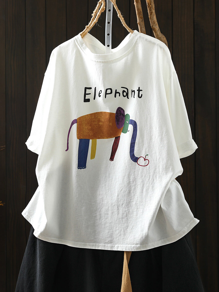 Plus Size Women Summer Casual Elephant Cotton T-Shirt