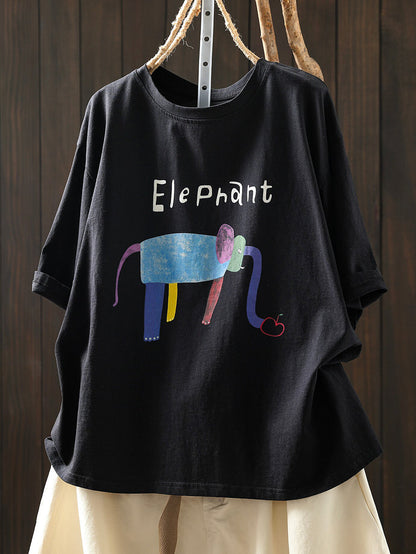 Plus Size Women Summer Casual Elephant Cotton T-Shirt