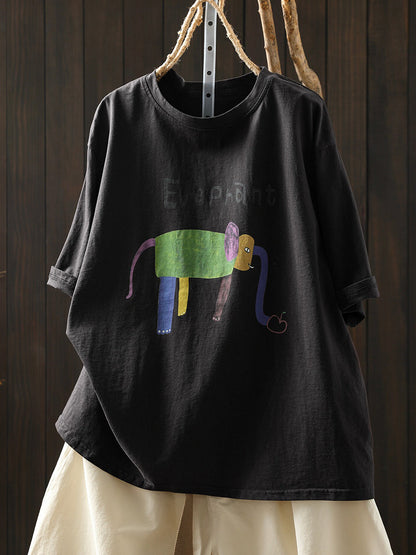 Plus Size Women Summer Casual Elephant Cotton T-Shirt