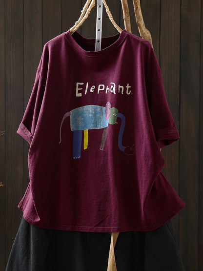 Plus Size Women Summer Casual Elephant Cotton T-Shirt