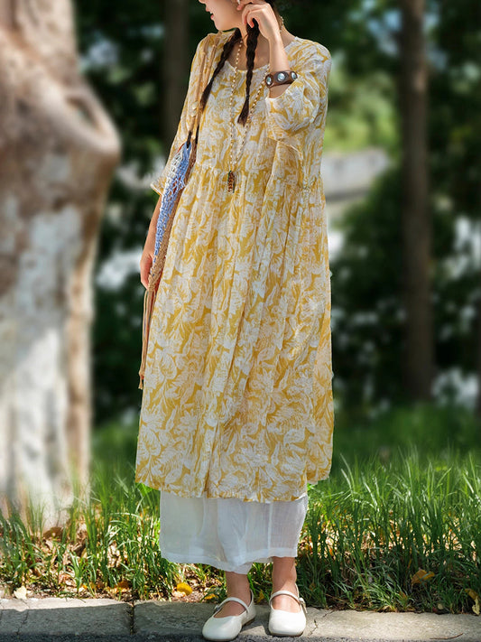 Plus Size Women Summer Artsy Flower O-Neck 100%Ramie Dress