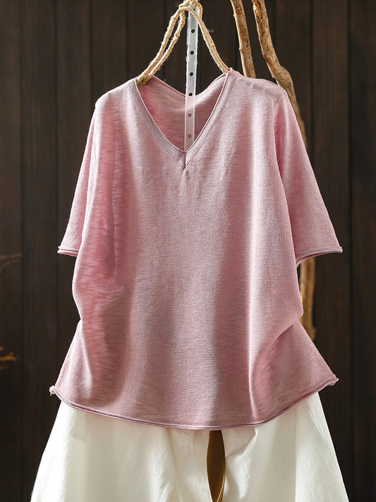 Women Summer Casual Pure Color Linen V-Neck T-Shirt