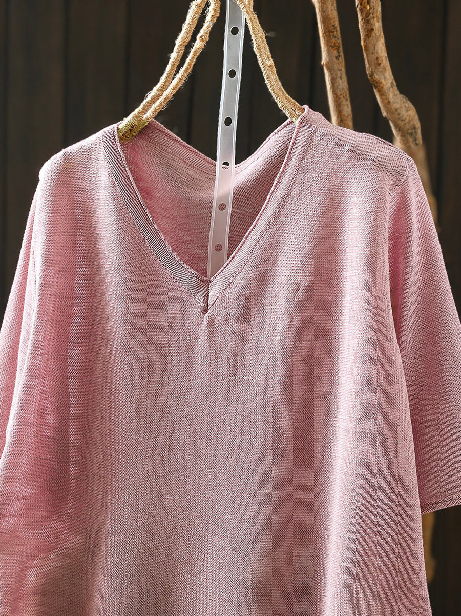 Women Summer Casual Pure Color Linen V-Neck T-Shirt