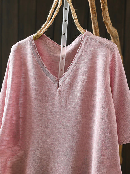 Women Summer Casual Pure Color Linen V-Neck T-Shirt