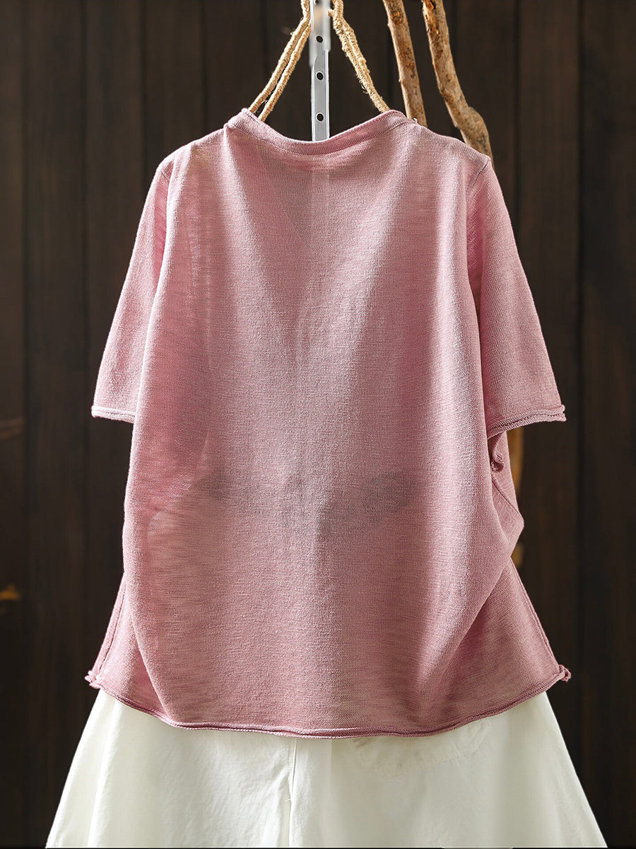 Women Summer Casual Pure Color Linen V-Neck T-Shirt