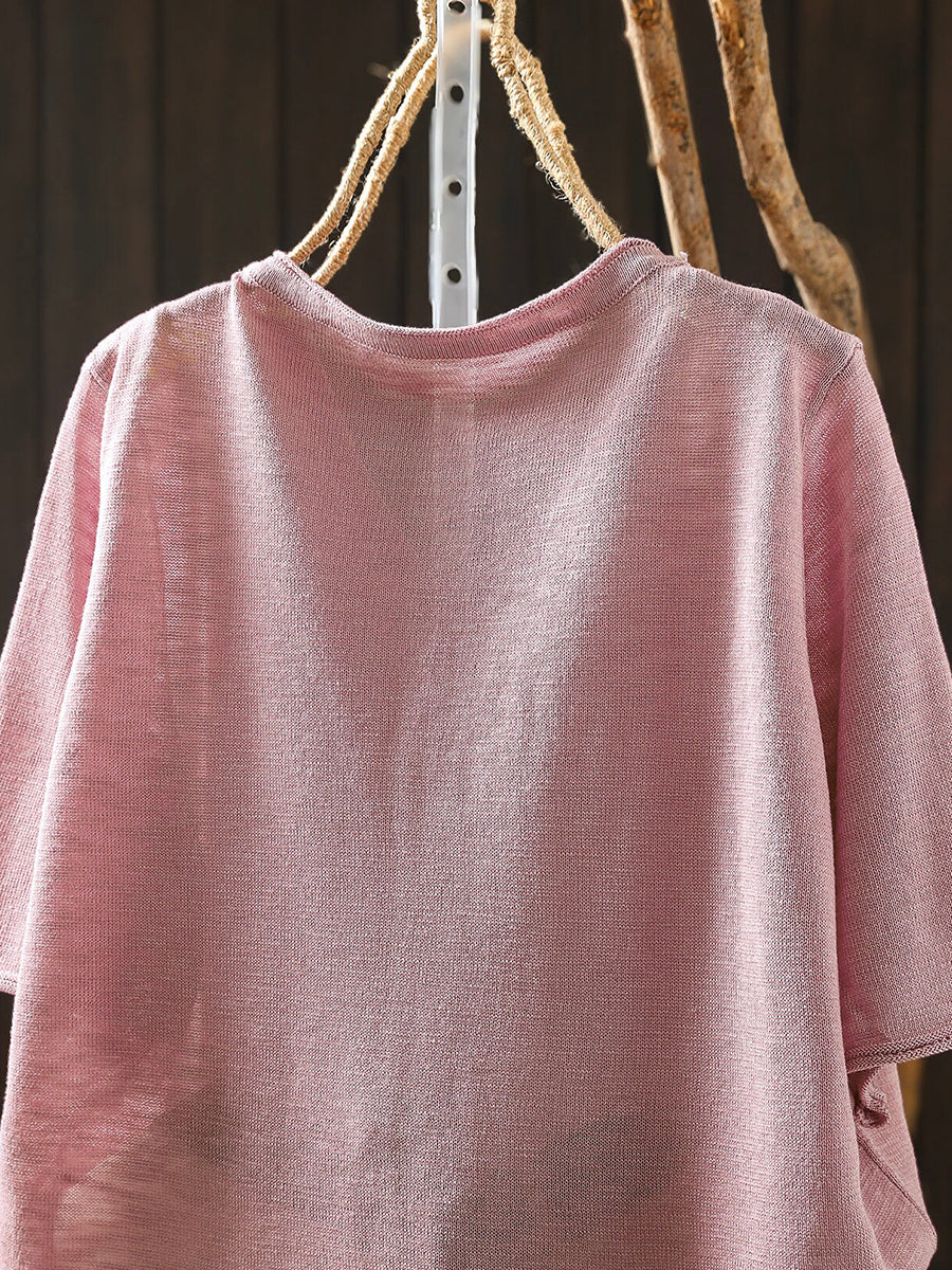 Women Summer Casual Pure Color Linen V-Neck T-Shirt