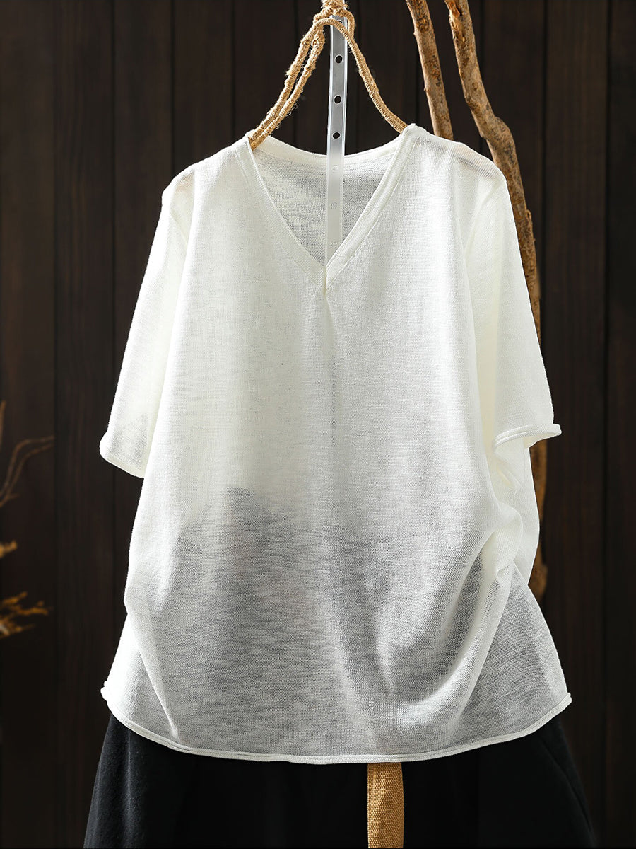 Women Summer Casual Pure Color Linen V-Neck T-Shirt