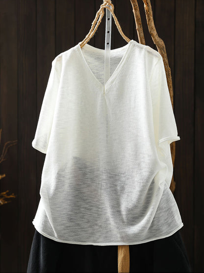 Women Summer Casual Pure Color Linen V-Neck T-Shirt