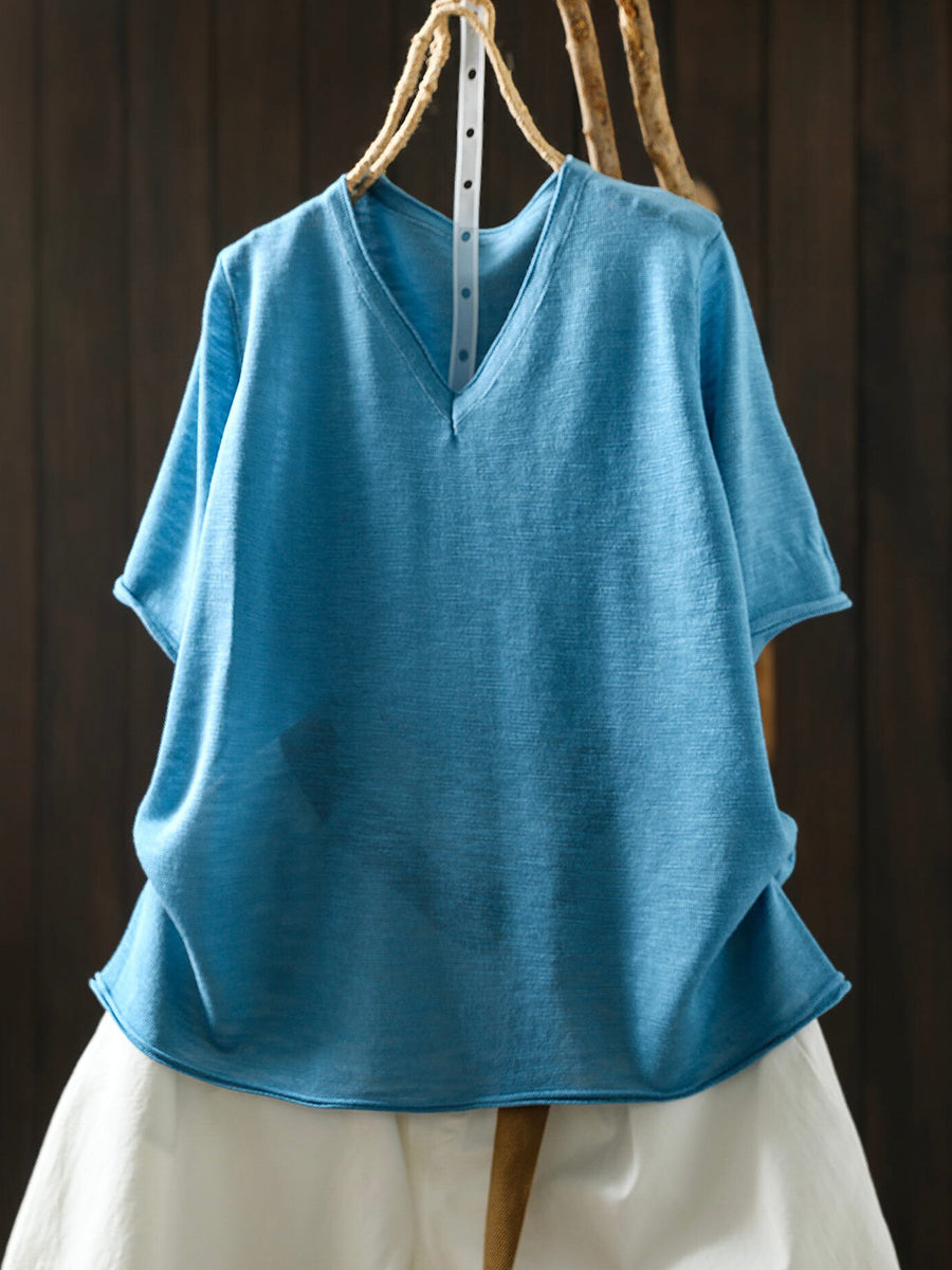 Women Summer Casual Pure Color Linen V-Neck T-Shirt
