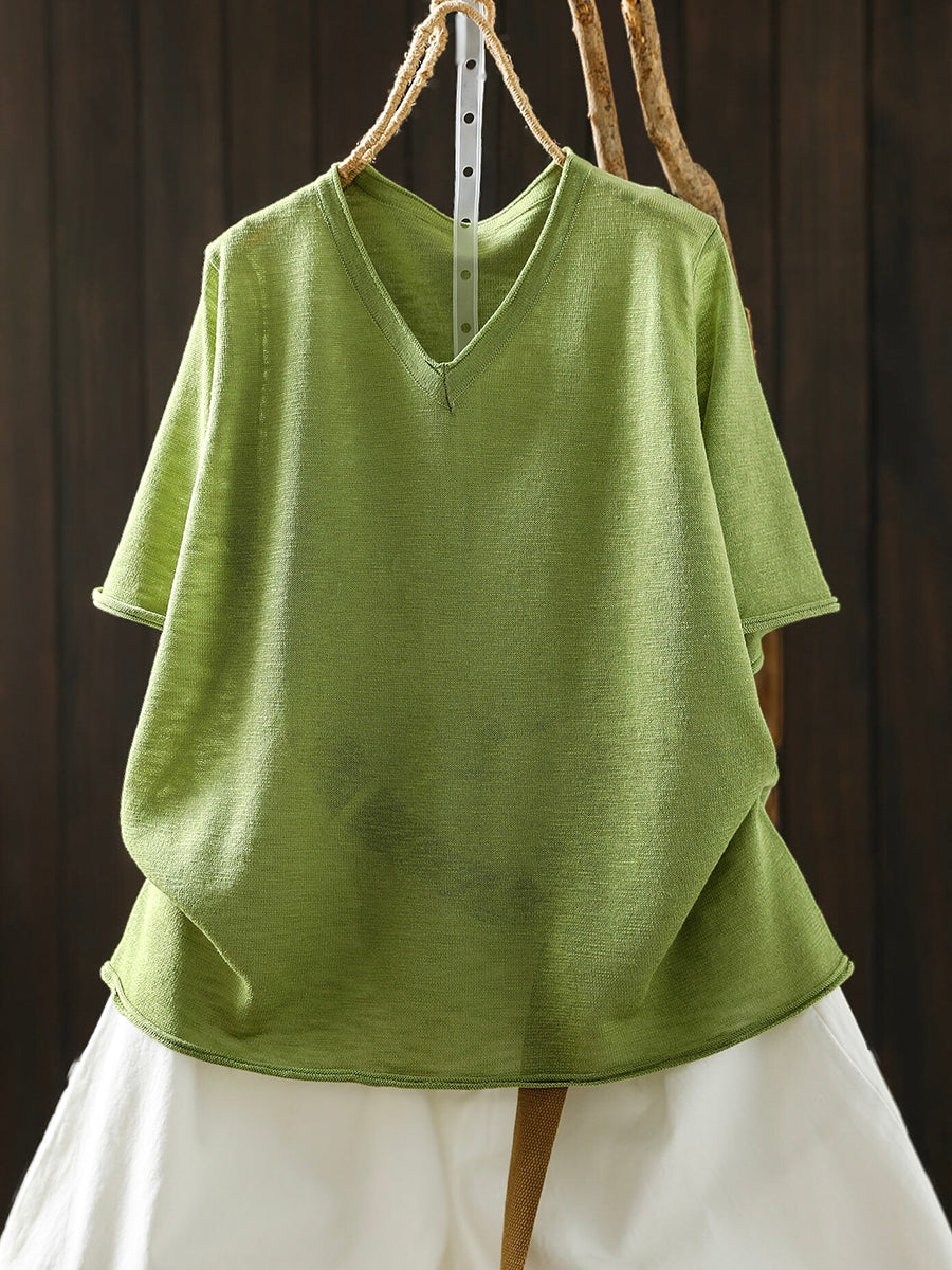 Women Summer Casual Pure Color Linen V-Neck T-Shirt