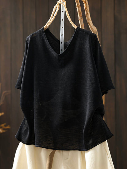 Women Summer Casual Pure Color Linen V-Neck T-Shirt