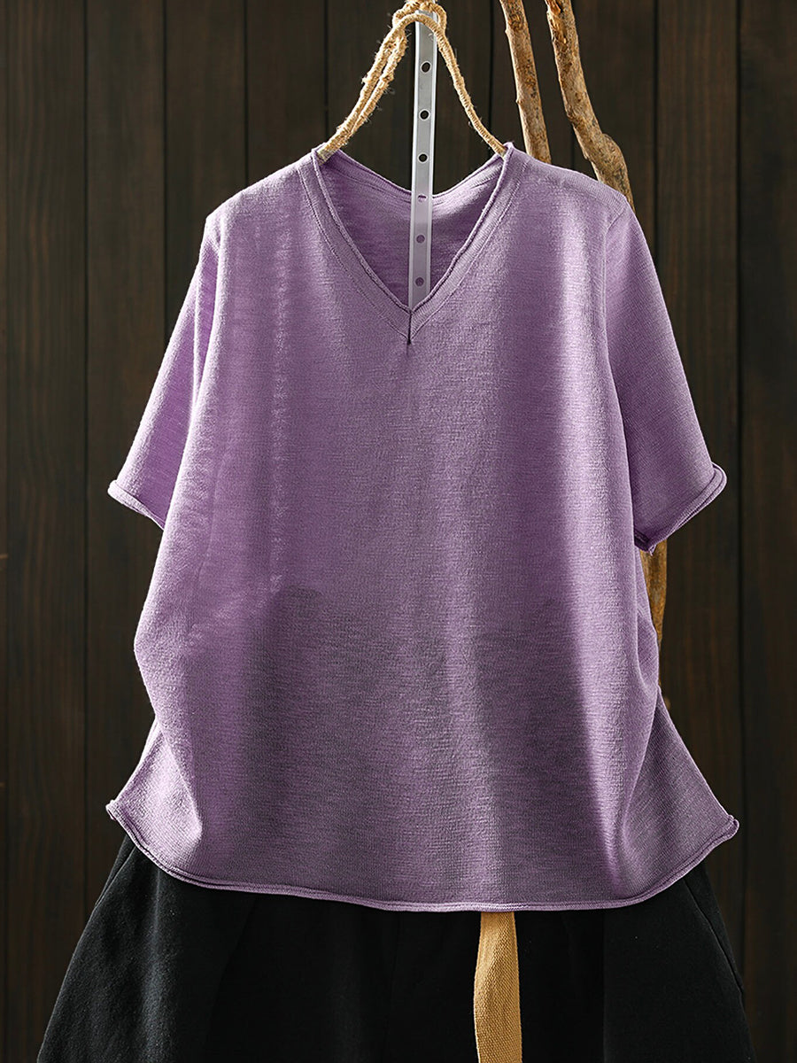 Women Summer Casual Pure Color Linen V-Neck T-Shirt