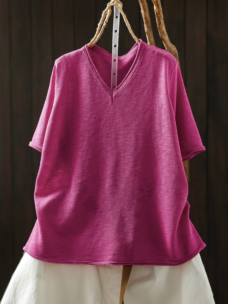 Women Summer Casual Pure Color Linen V-Neck T-Shirt