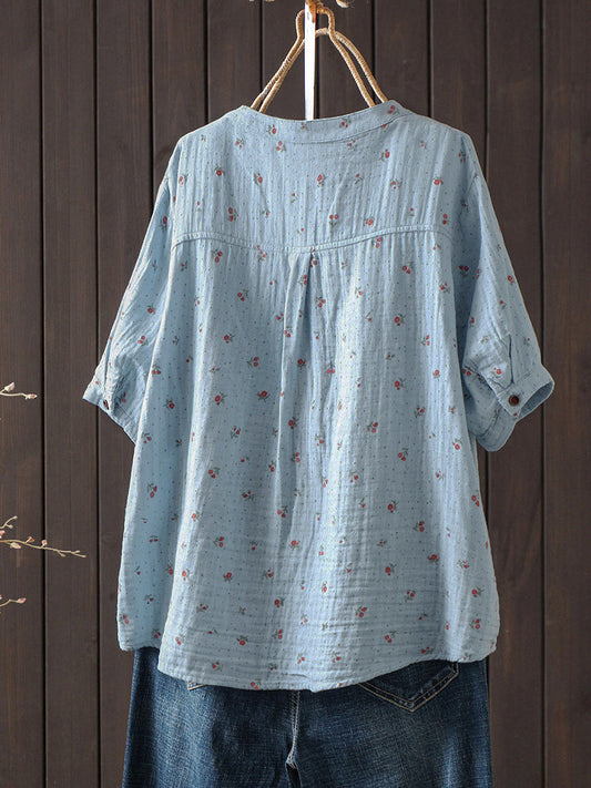 Plus Size Women Summer Artsy Floral Stand Collar 100%Cotton Shirt
