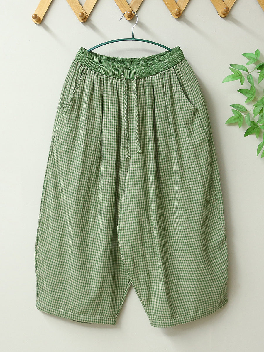 Women Summer Retro Plaid Loose Cotton Bloomers