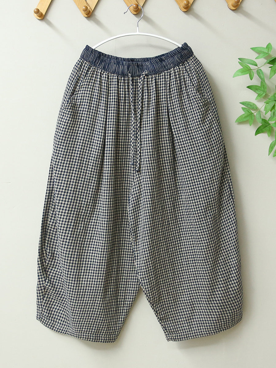 Women Summer Retro Plaid Loose Cotton Bloomers