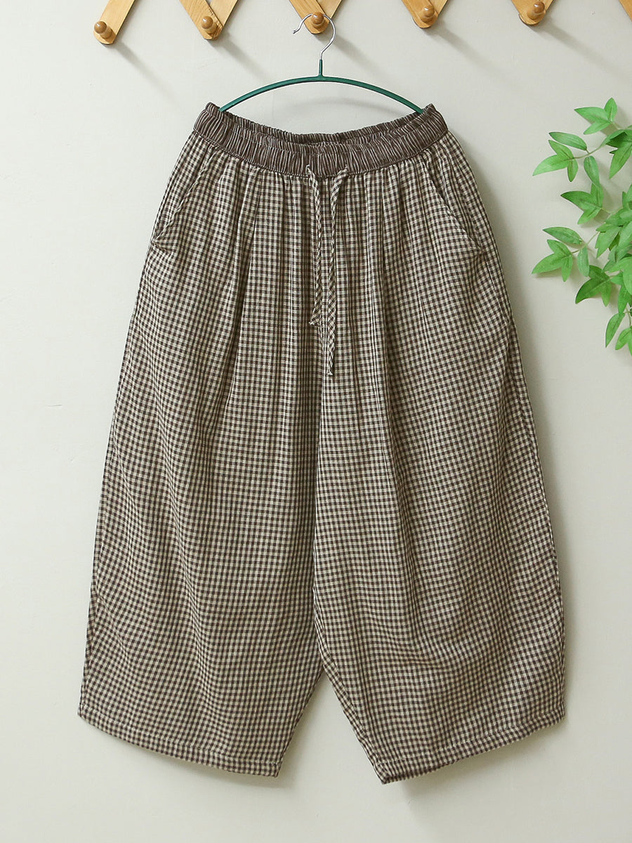 Women Summer Retro Plaid Loose Cotton Bloomers