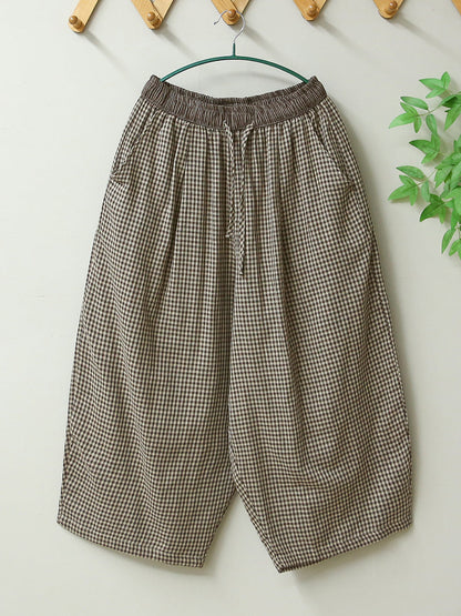 Women Summer Retro Plaid Loose Cotton Bloomers