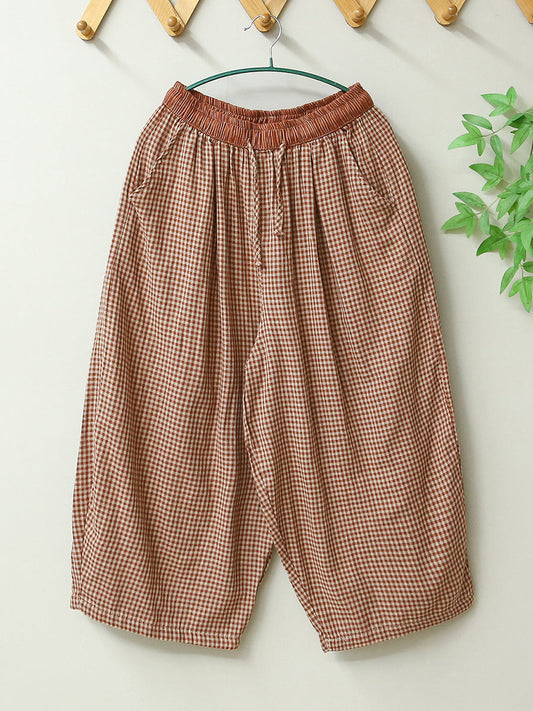 Women Summer Retro Plaid Loose Cotton Bloomers
