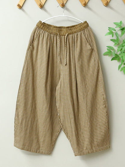 Women Summer Retro Plaid Loose Cotton Bloomers