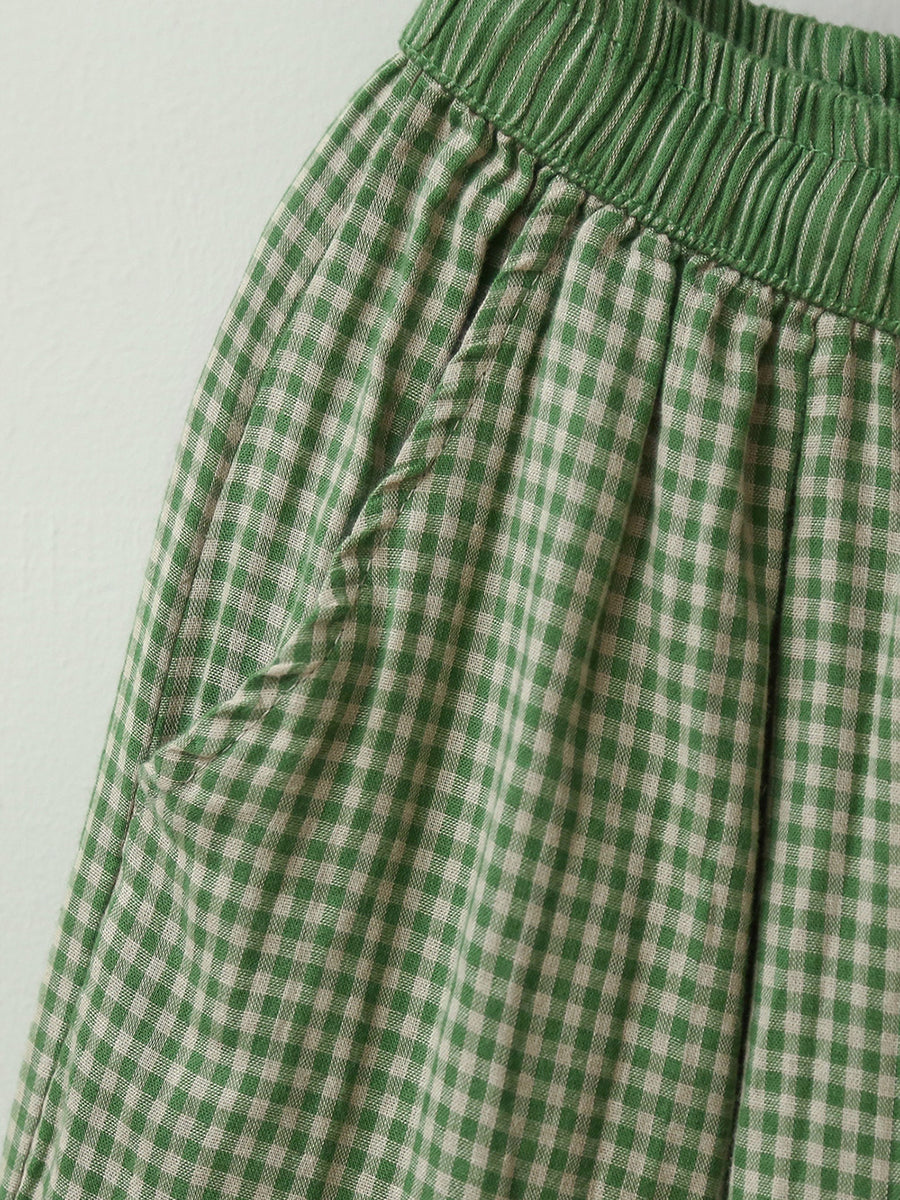 Women Summer Retro Plaid Loose Cotton Bloomers