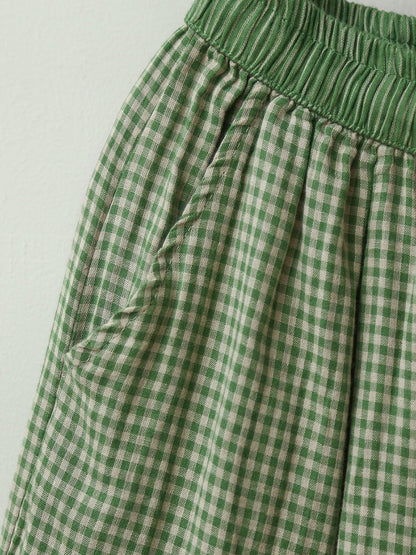 Women Summer Retro Plaid Loose Cotton Bloomers