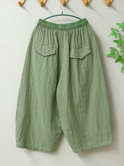 Women Summer Retro Plaid Loose Cotton Bloomers