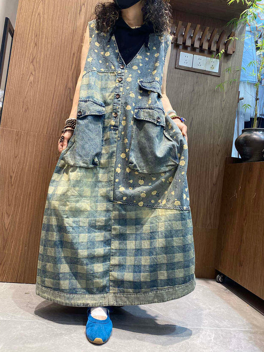 Women Summer Vintage Stripe Floral V-Neck Denim Vest Dress