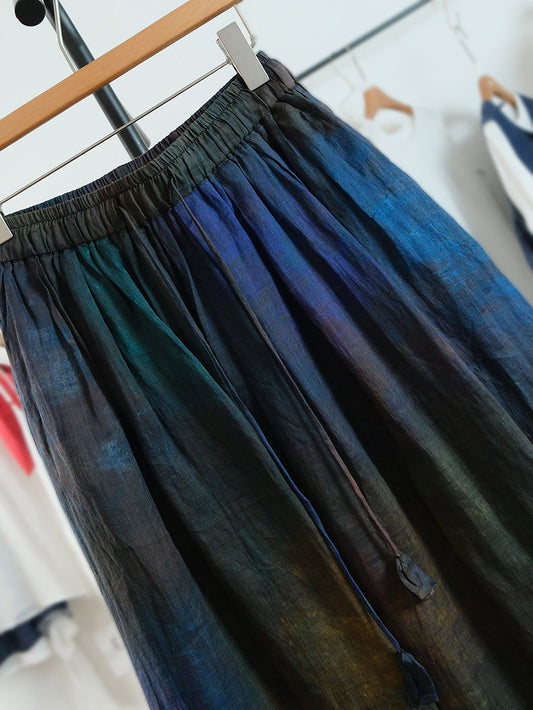Plus Size Women Summer Artsy Tie-dye Ramie Skirt
