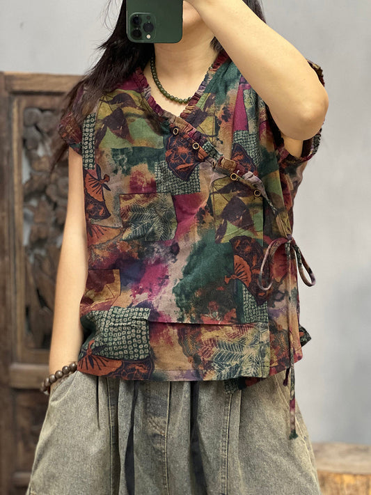 Plus Size Women Summer Ethnic Flower Strap V-Neck Tank