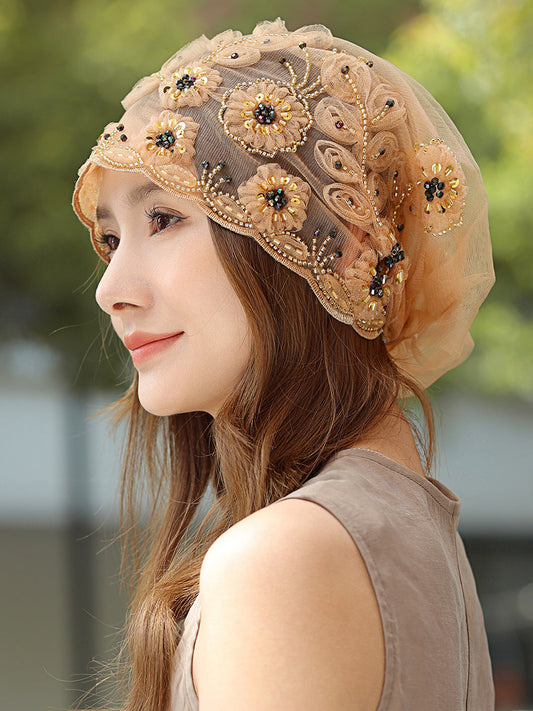 Women Summer Mesh Beads Flower Slouchy Beanie
