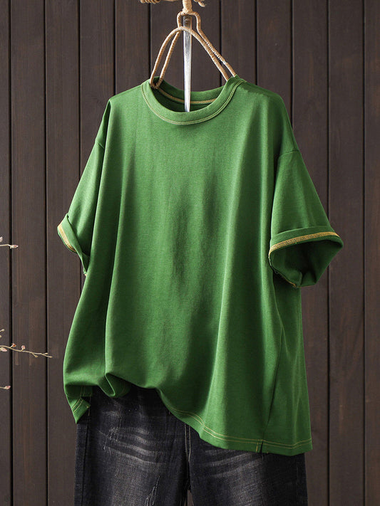 Women Summer Casual Pure Color O-Neck T-Shirt