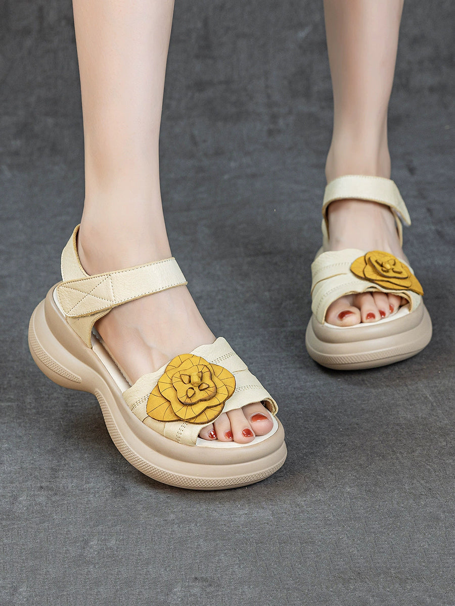 Women Summer Flower Leather Platform Sandals