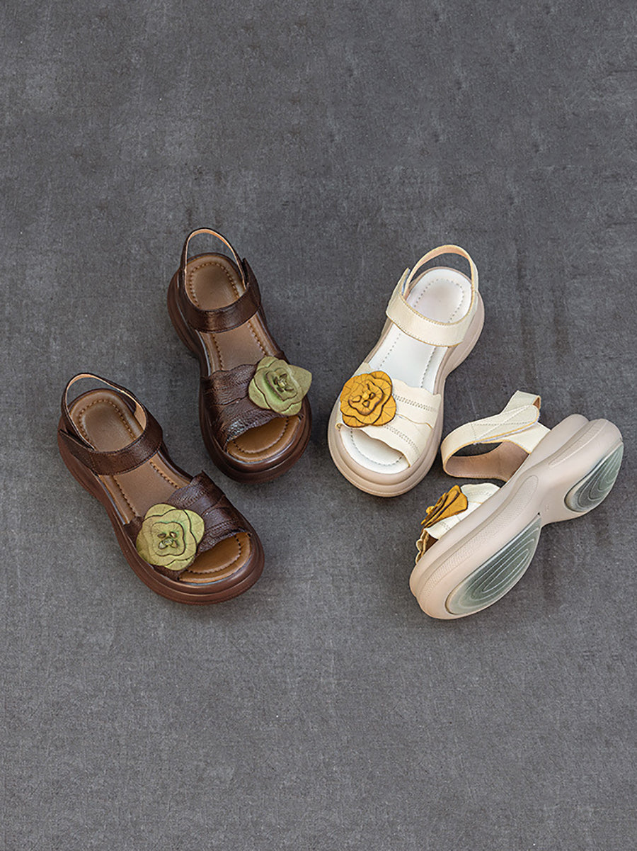Women Summer Flower Leather Platform Sandals